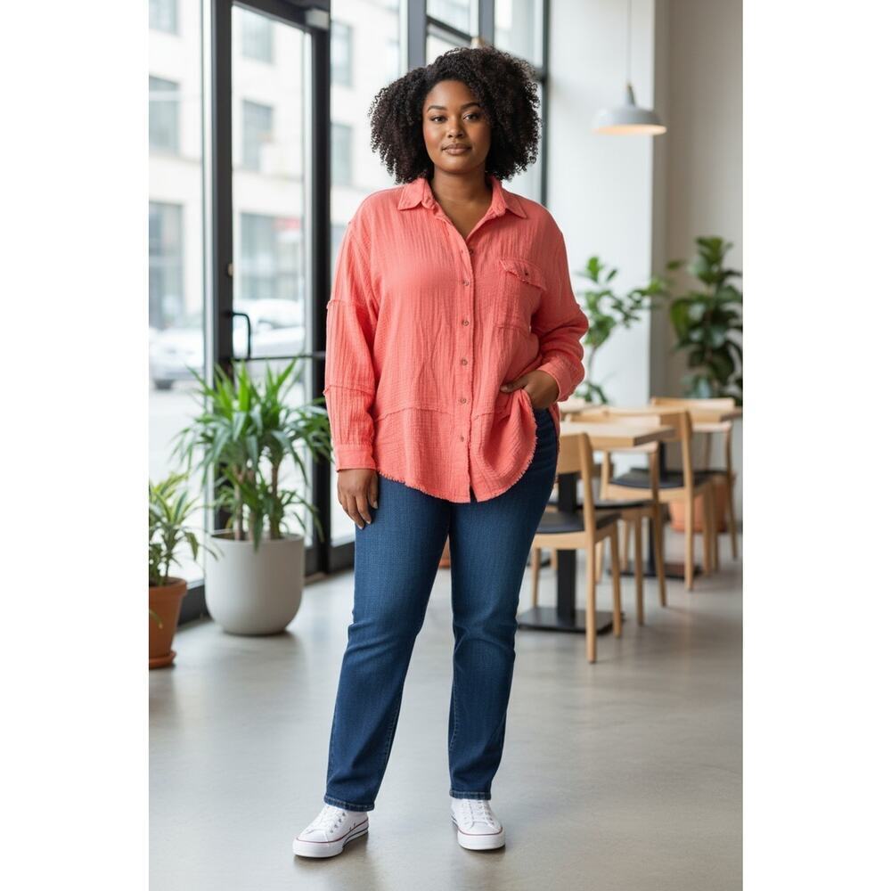 New Easel Los Angeles 2X Coral Pink Gauze Cotton Button Front Top Oversized